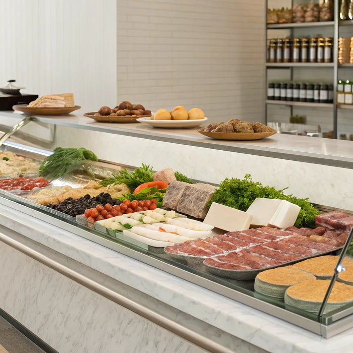 A modern deli case with curved glass displaying fresh meats and cheeses for a business.