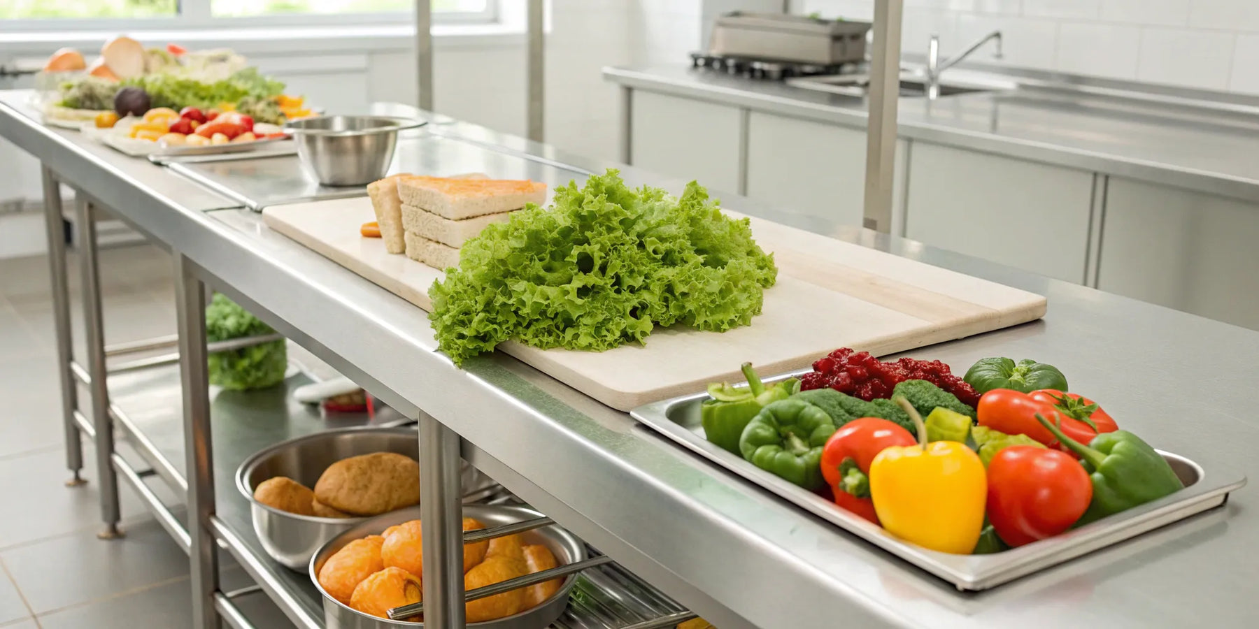 A commercial sandwich prep table with organized compartments of fresh ingredients.