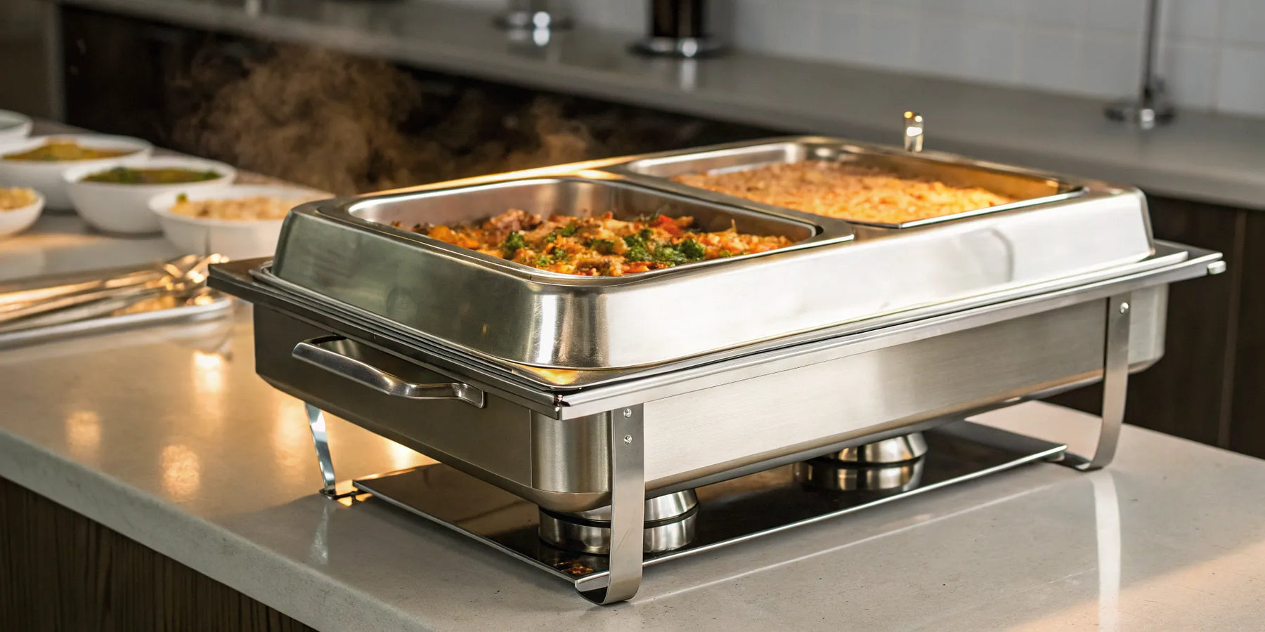 A countertop commercial food warmer holding several pans of hot food, ready for service.
