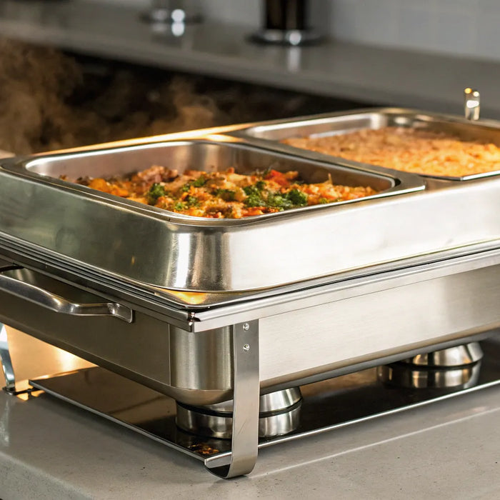 A countertop commercial food warmer holding several pans of hot food, ready for service.