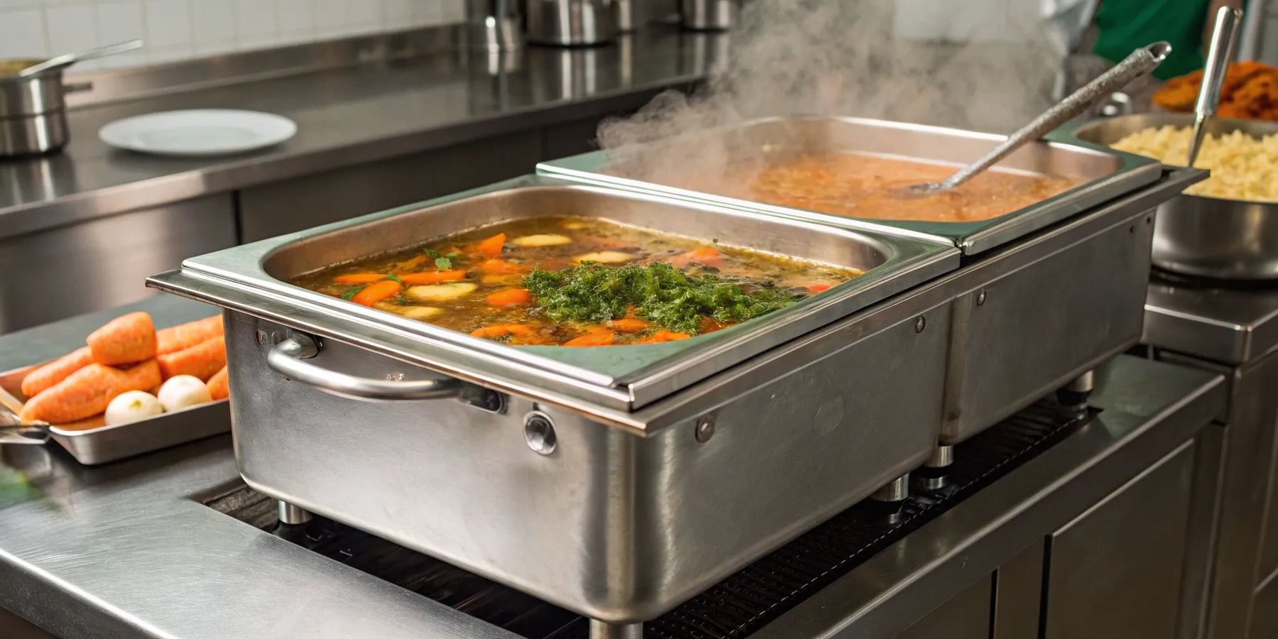 Various commercial soup warmers holding different soups on a restaurant service line.