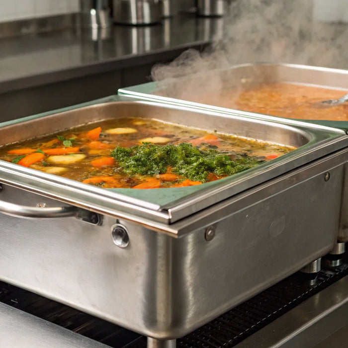 Various commercial soup warmers holding different soups on a restaurant service line.