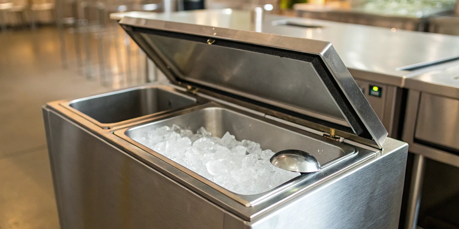 A commercial stainless steel ice storage bin with a scoop full of ice.