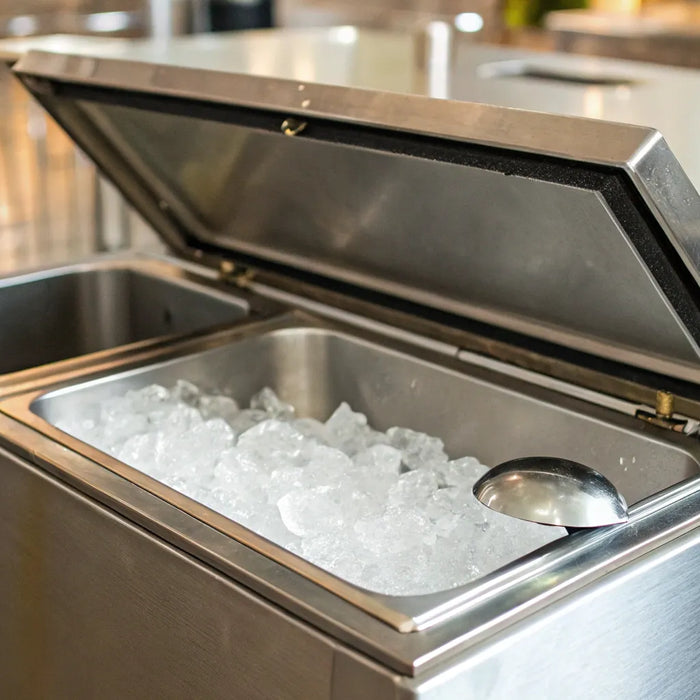 A commercial stainless steel ice storage bin with a scoop full of ice.