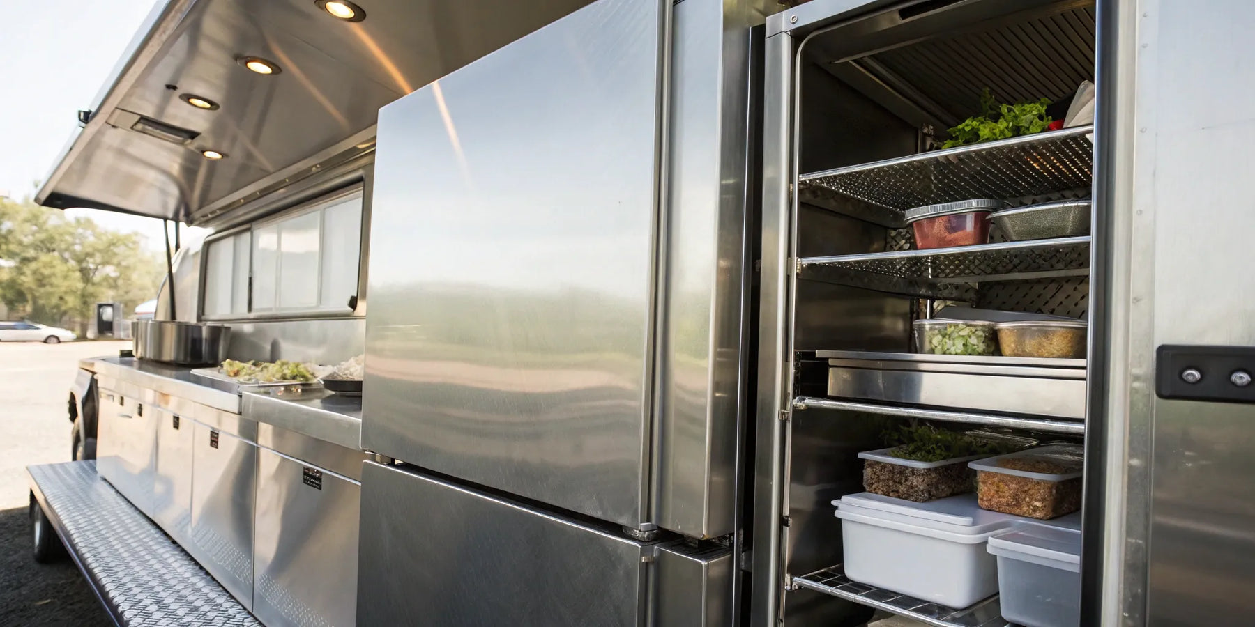 A commercial refrigerator for a food truck with organized shelves of fresh ingredients.