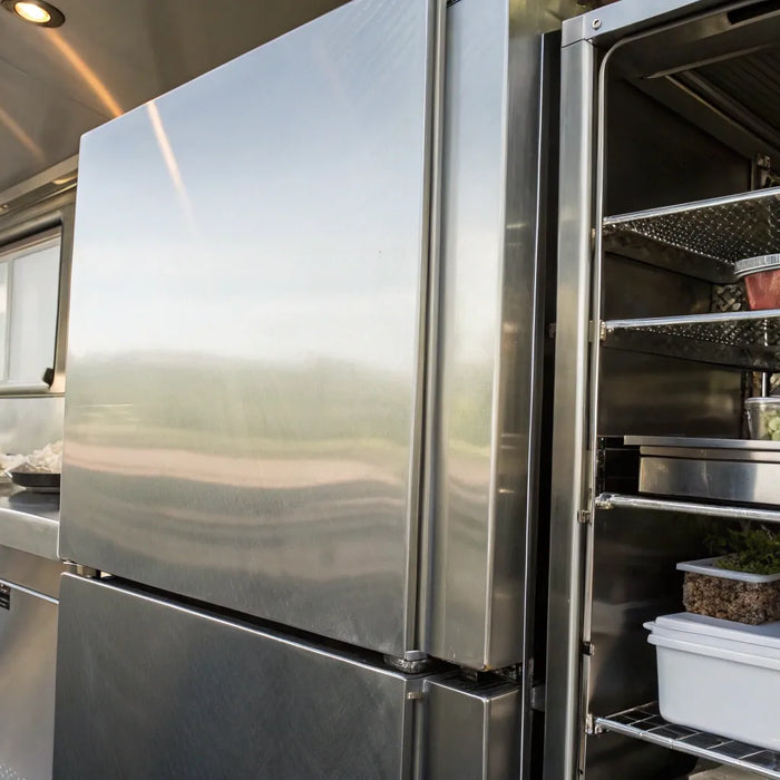 A commercial refrigerator for a food truck with organized shelves of fresh ingredients.