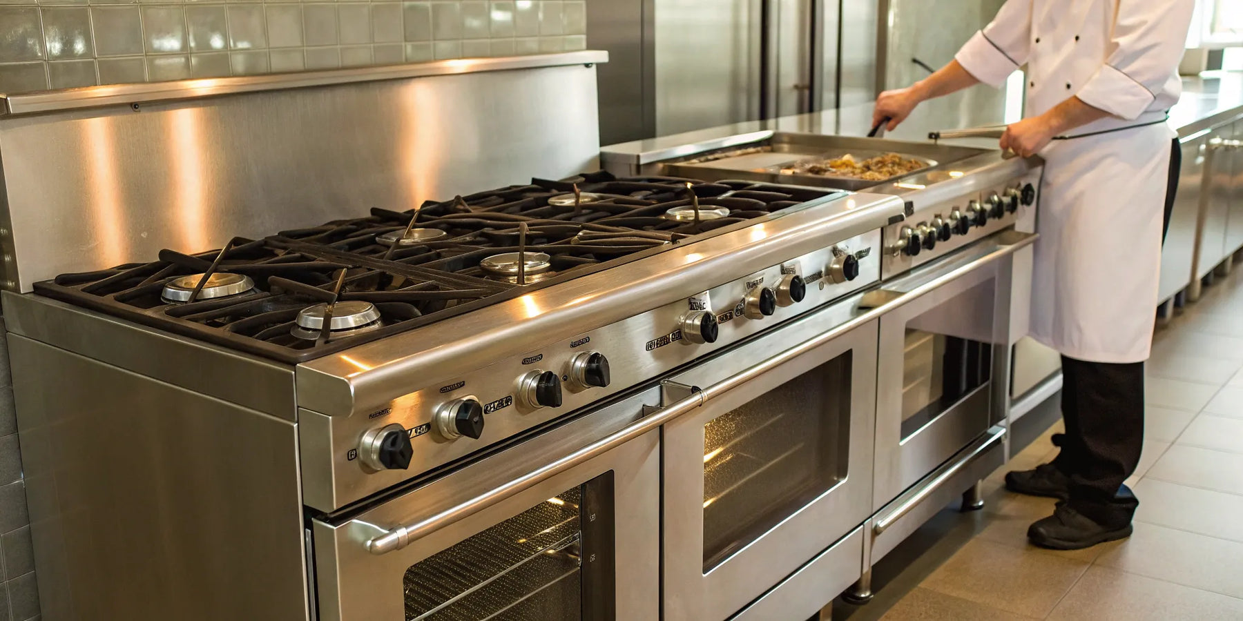 Chef using a commercial propane stove and oven with multiple burners for precise cooking.