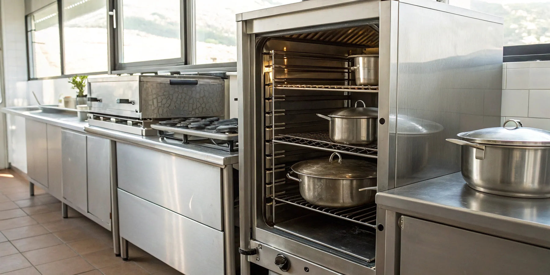 Stainless steel restaurant equipment in a commercial kitchen for a Santa Ana business.