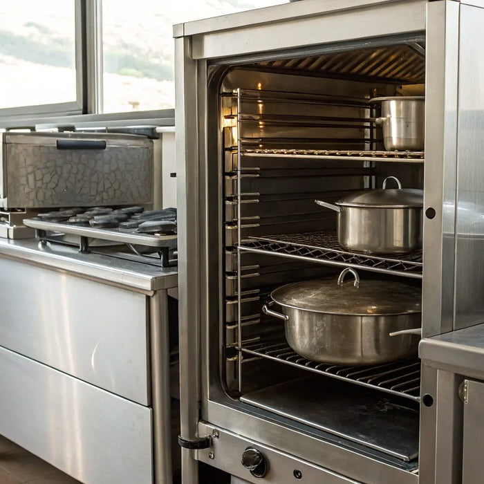 Stainless steel restaurant equipment in a commercial kitchen for a Santa Ana business.