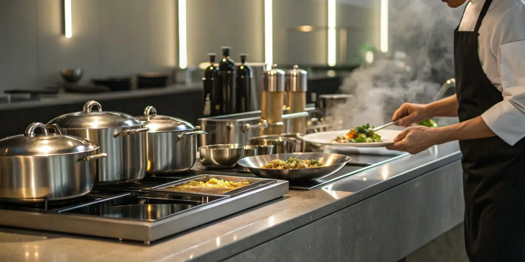 Chef prepares food in a modern ghost kitchen.