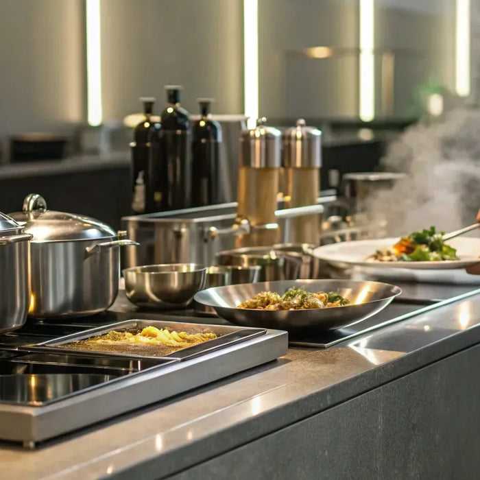 Chef prepares food in a modern ghost kitchen.