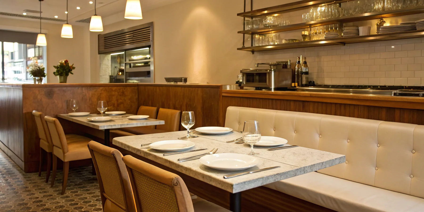 Restaurant interior with upscale seating and lighting.