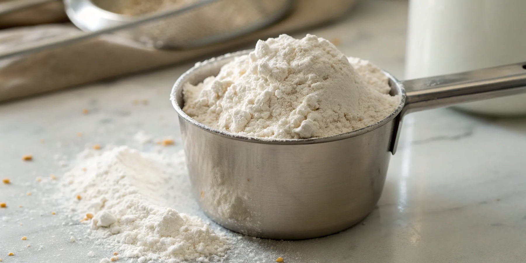 A dry measure cup of flour being leveled for an accurate measurement.