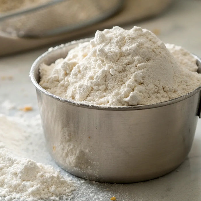 A dry measure cup of flour being leveled for an accurate measurement.