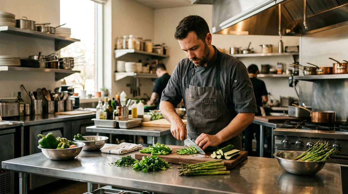 Chef slicing vegetables in a professional Austin kitchen