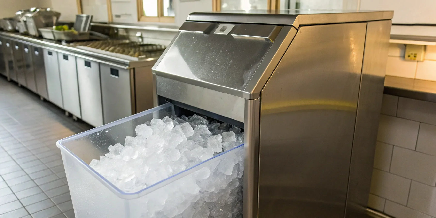 200 lb ice machine producing ice.