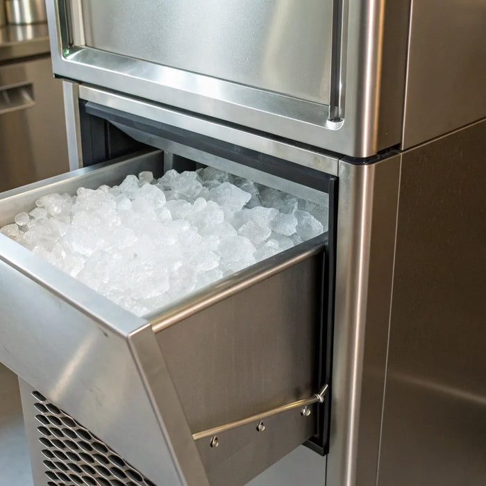A commercial ice machine bin full of clean, cubed ice.