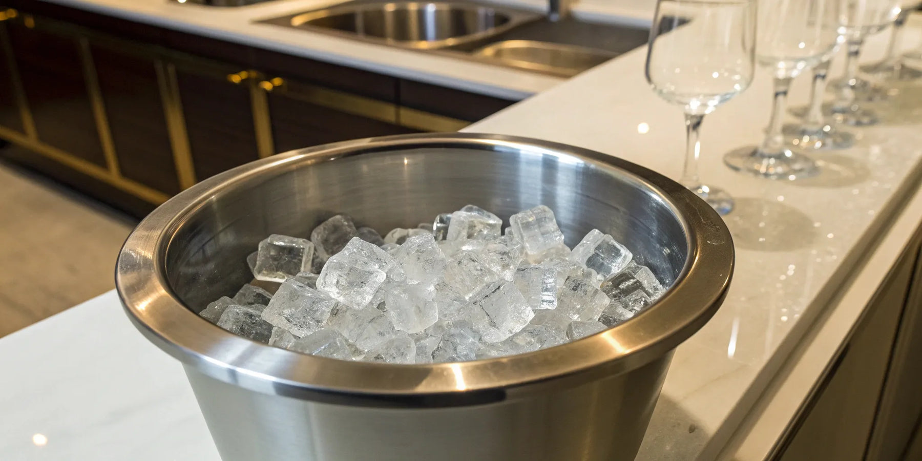 A stainless steel bar ice well filled with ice on a countertop.