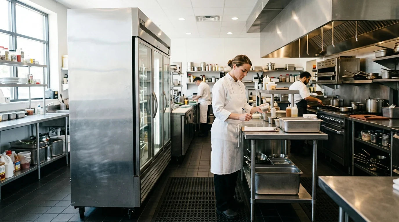 Professional chef in a modern commercial kitchen standing by a large stainless steel freezer