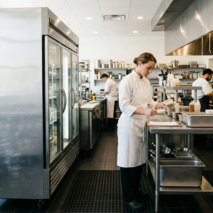 Professional chef in a modern commercial kitchen standing by a large stainless steel freezer