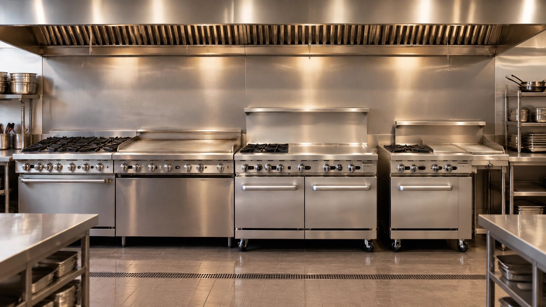 Commercial kitchen cooking line with stainless steel gas ranges and griddles beneath a ventilation hood.