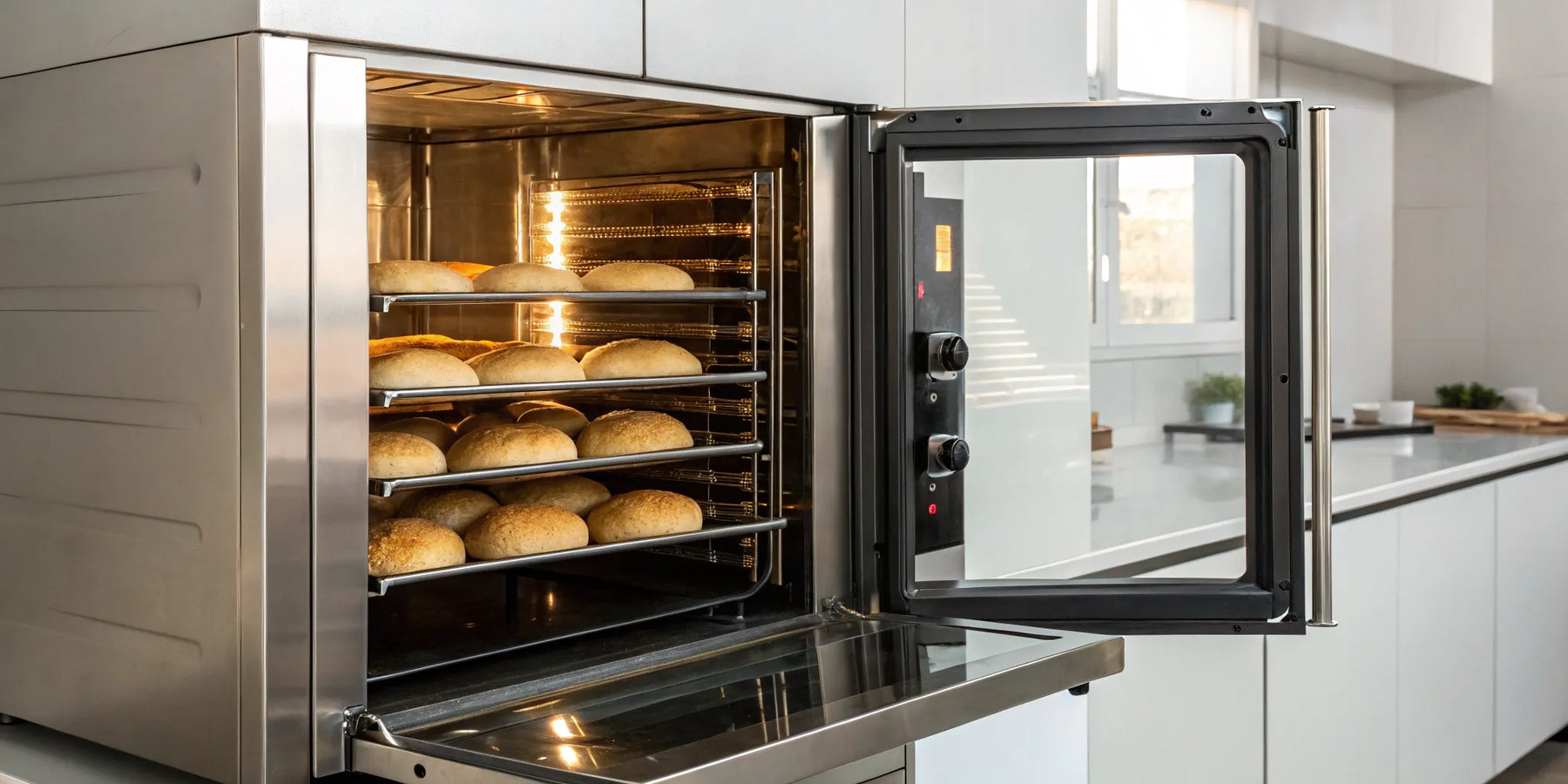 Industrial convection oven baking multiple racks of bread in a commercial kitchen.