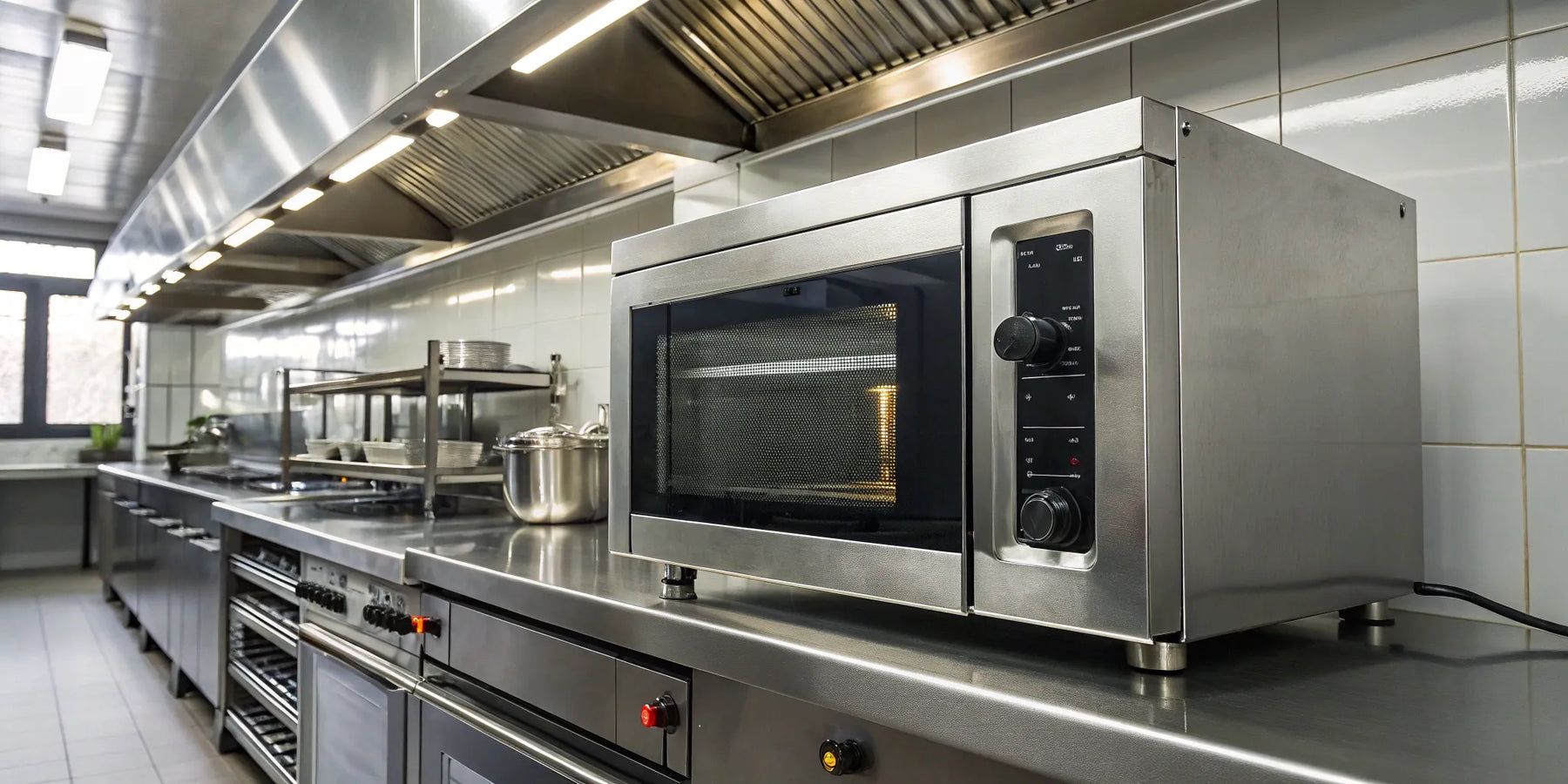 Industrial microwave oven in a commercial kitchen.