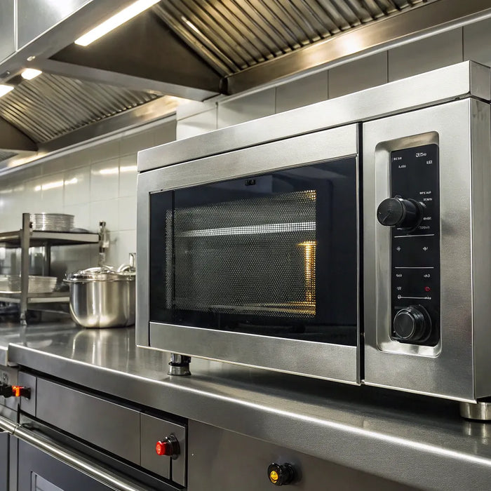 Industrial microwave oven in a commercial kitchen.