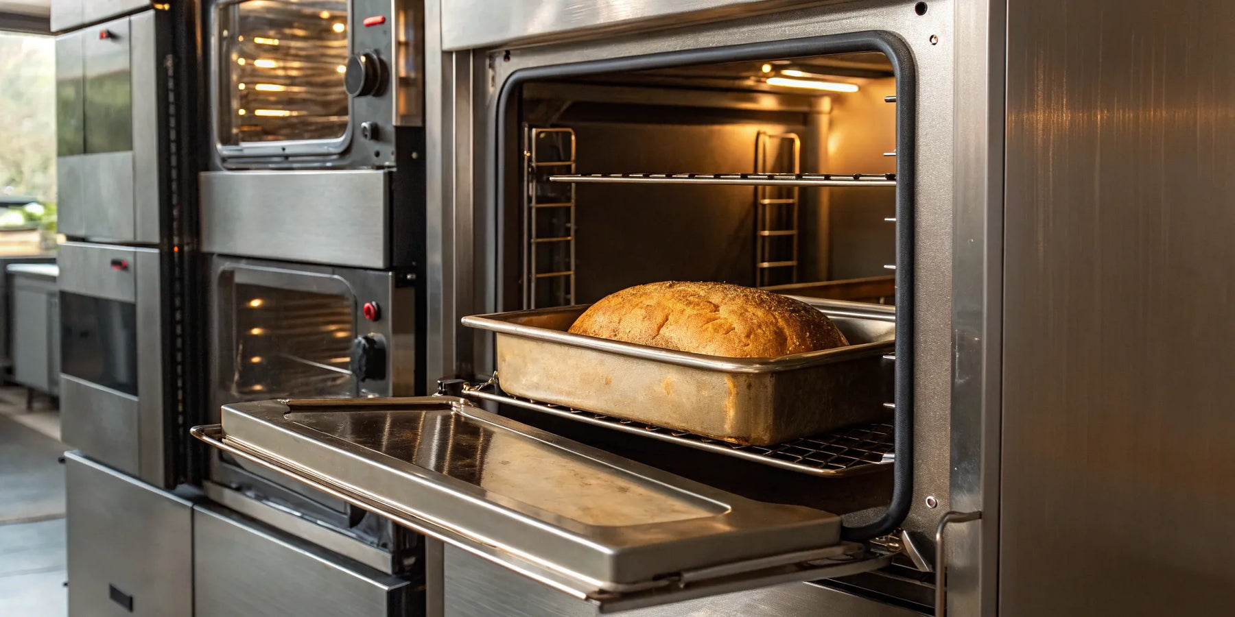 Industrial oven baking golden-brown bread.