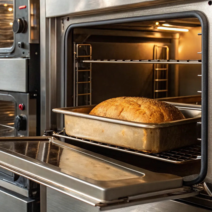 Industrial oven baking golden-brown bread.