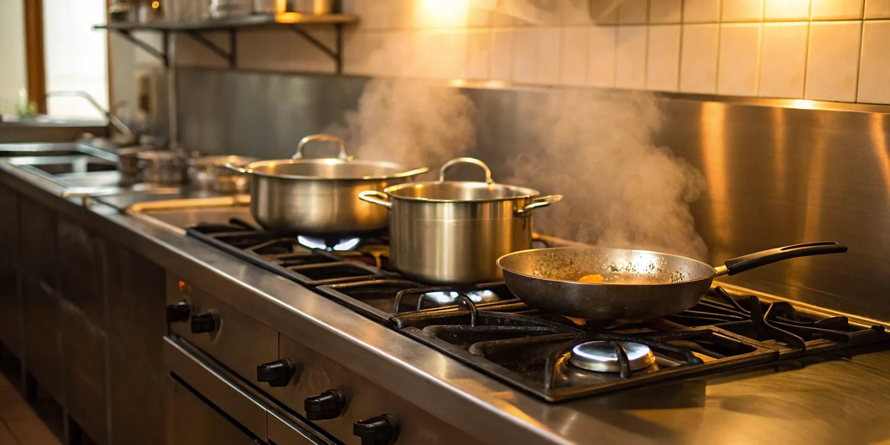 4-burner gas stove with steaming pots.