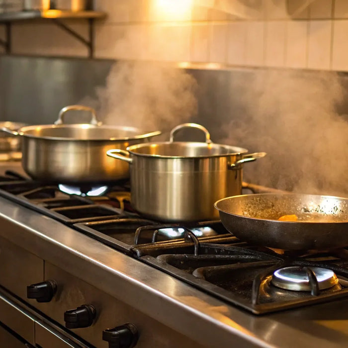 4-burner gas stove with steaming pots.
