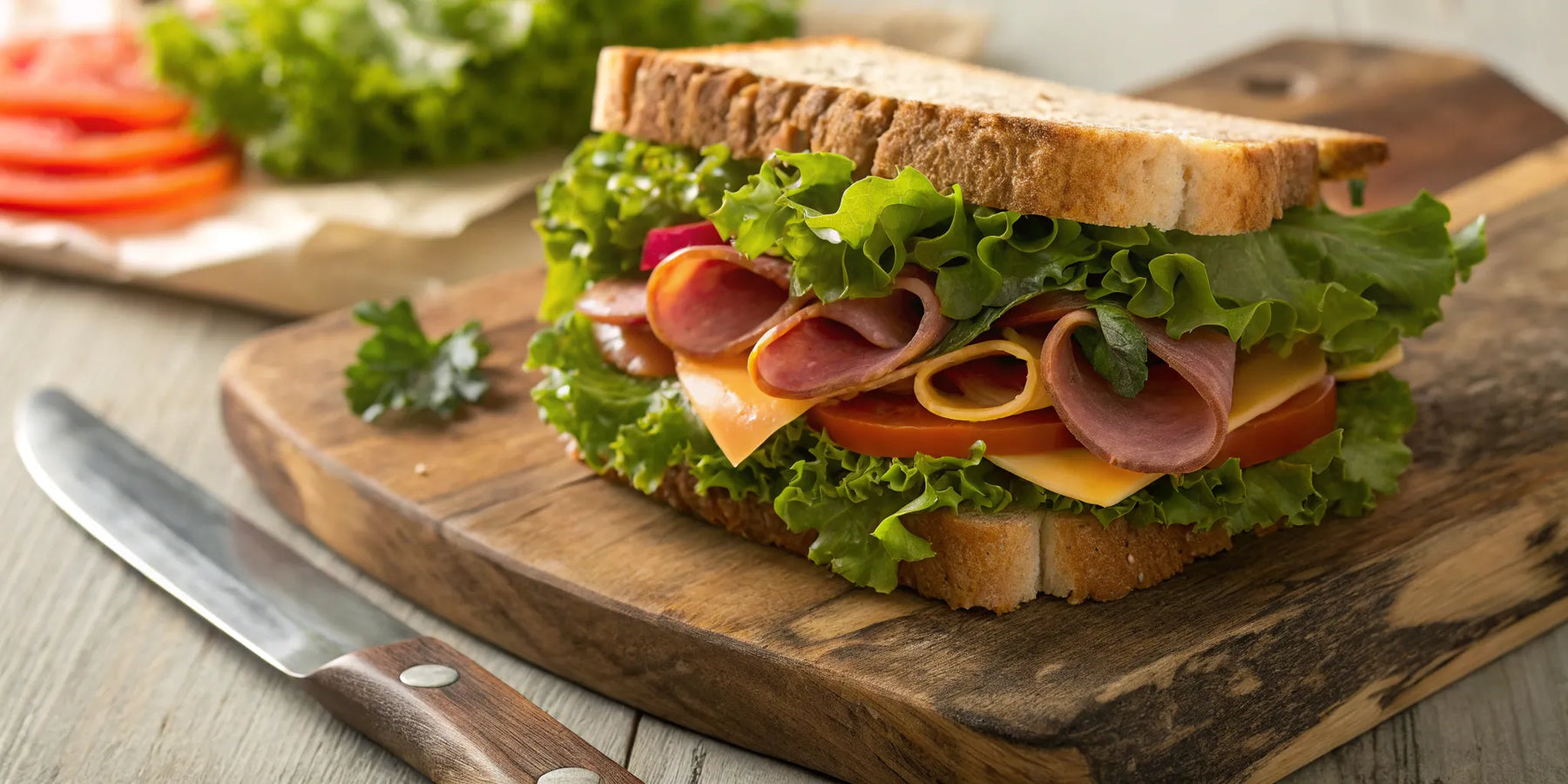 Hero sandwich overflowing with meat, cheese, and fresh toppings.