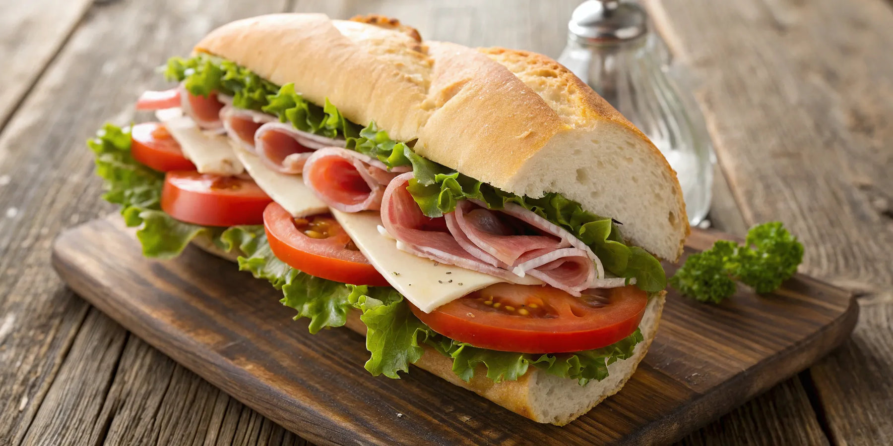 Hoagie sandwich with meat, cheese, and vegetables on a wooden board.