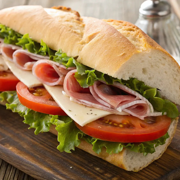 Hoagie sandwich with meat, cheese, and vegetables on a wooden board.