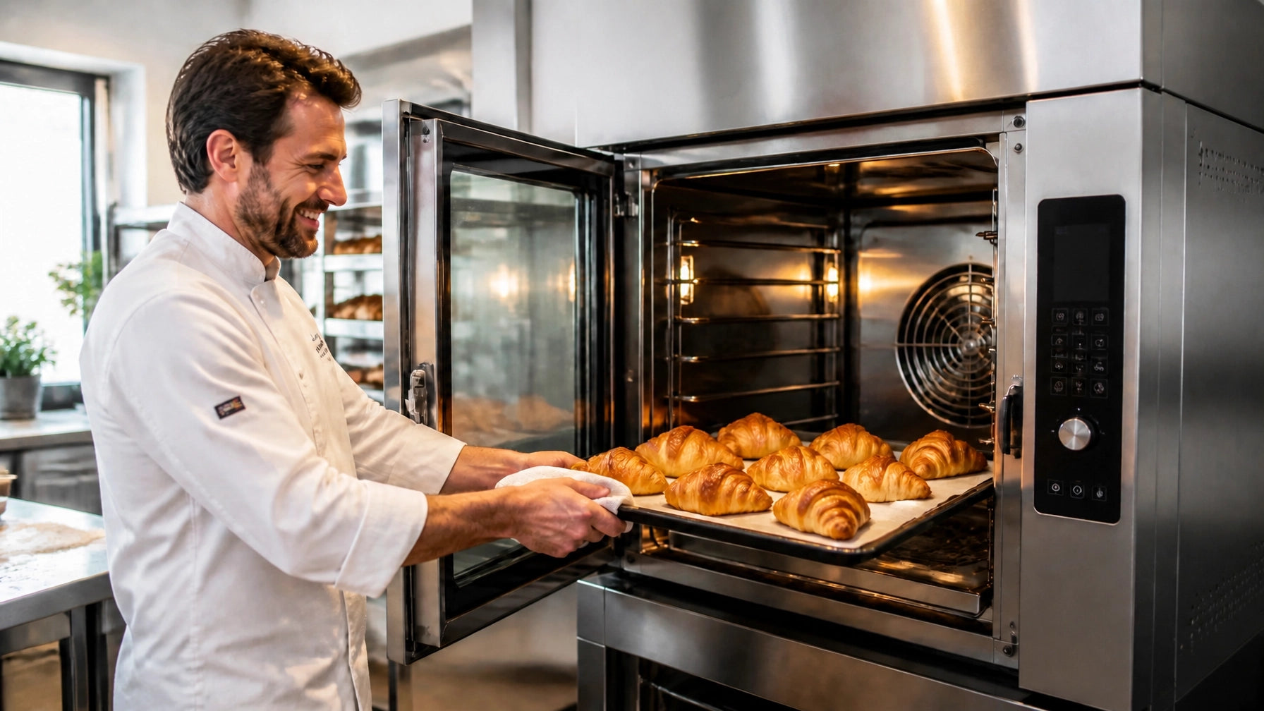 Commercial electric convection oven with stainless steel exterior and digital control panel in a production bakery