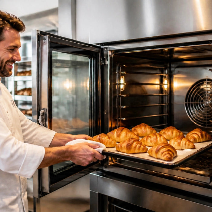 Commercial electric convection oven with stainless steel exterior and digital control panel in a production bakery
