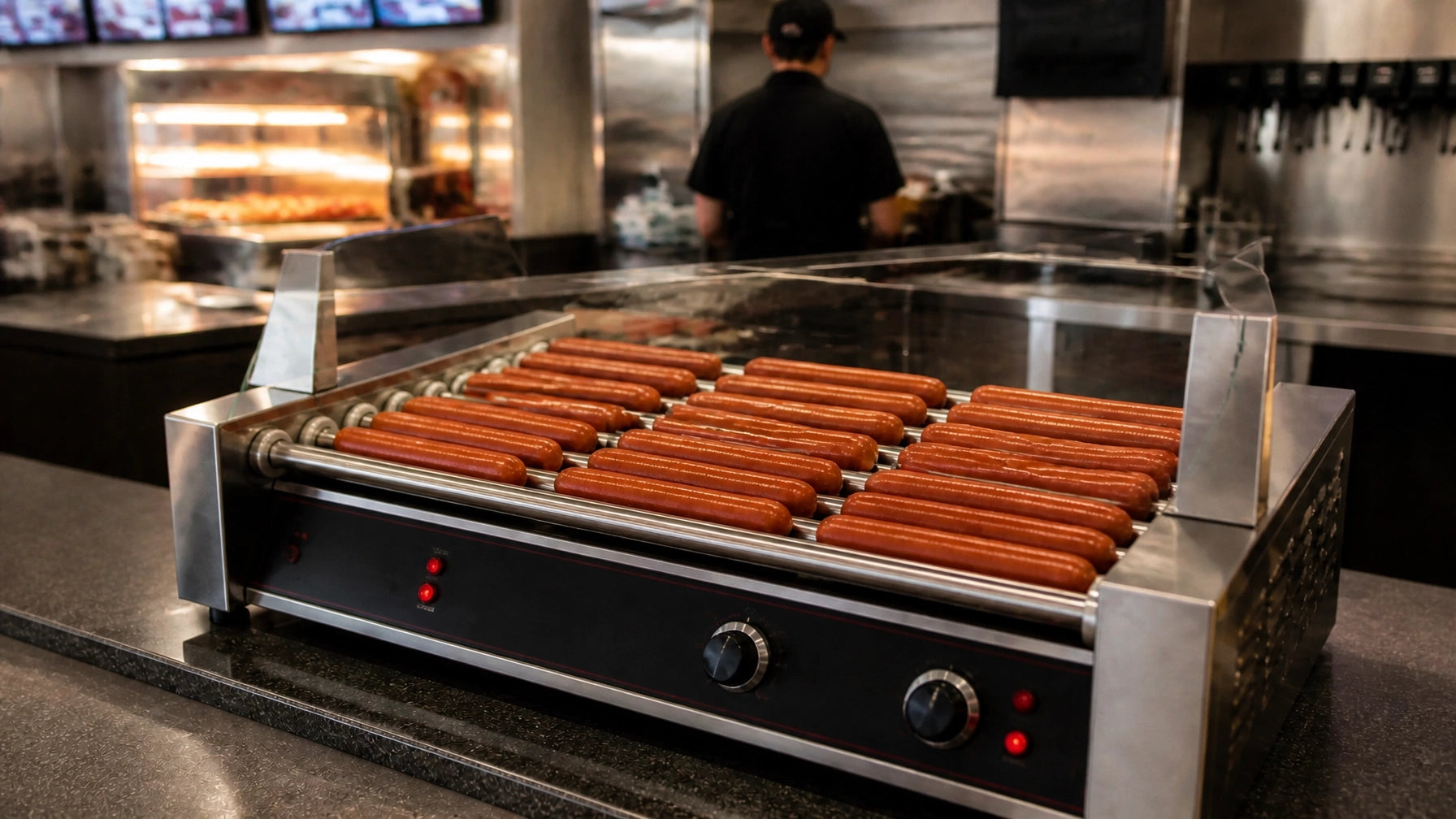 Commercial hot dog roller grill loaded with 20+ plump sausages behind a sneeze guard at a bustling convenience store hot dog station, with dual-zone temperature controls visible on the stainless steel front panel