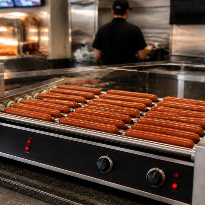 Commercial hot dog roller grill loaded with 20+ plump sausages behind a sneeze guard at a bustling convenience store hot dog station, with dual-zone temperature controls visible on the stainless steel front panel