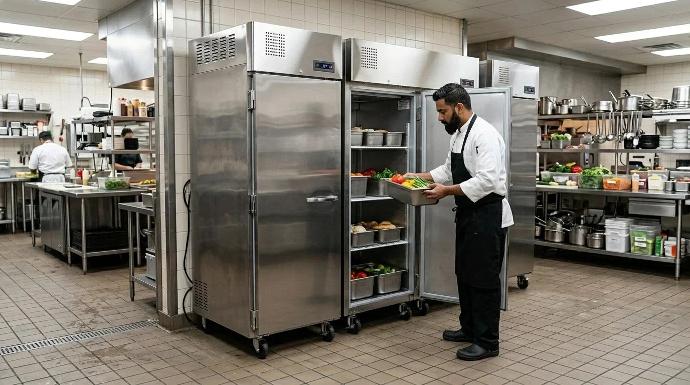 Professional chef reaching into a stainless steel Atosa reach-in refrigerator in a clean commercial kitchen