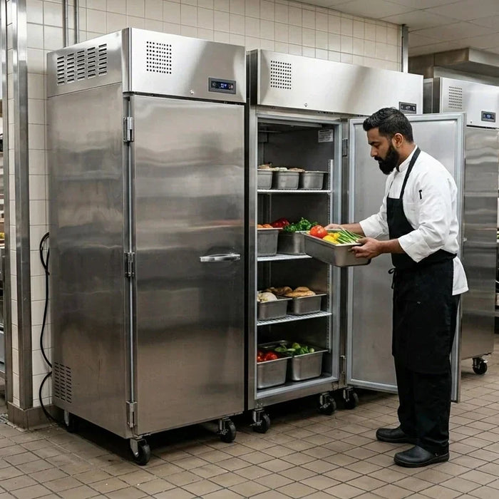 Professional chef reaching into a stainless steel Atosa reach-in refrigerator in a clean commercial kitchen