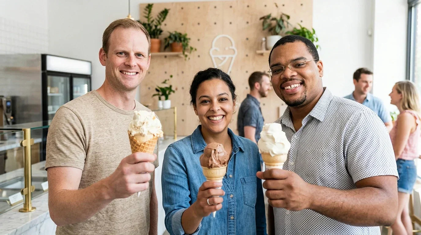 Three friends enjoying ice cream cones in a modern shop