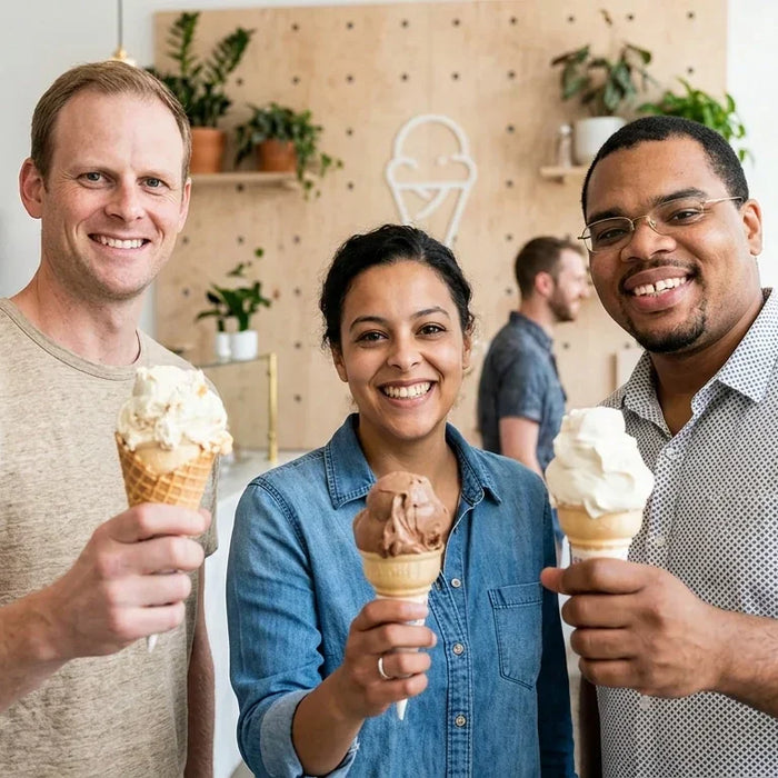 Three friends enjoying ice cream cones in a modern shop
