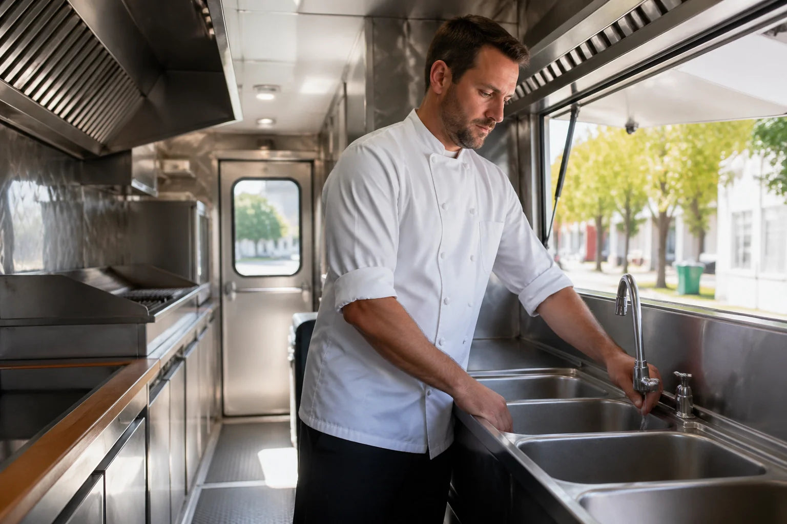 A professional lifestyle photograph of the interior of a modern, clean food truck showing a chef near a stainless steel sink station.
