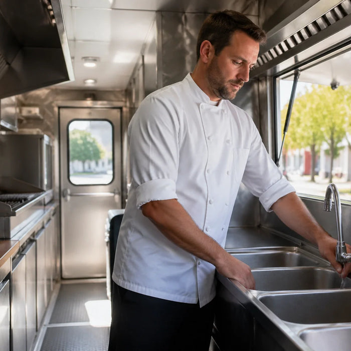A professional lifestyle photograph of the interior of a modern, clean food truck showing a chef near a stainless steel sink station.