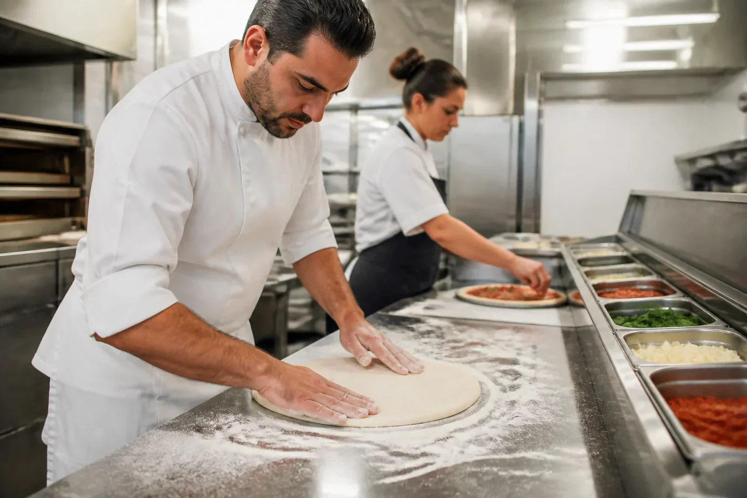 Professional pizza maker stretching dough on a commercial Atosa pizza prep table with chilled topping pans of mozzarella, pepperoni, and fresh vegetables
