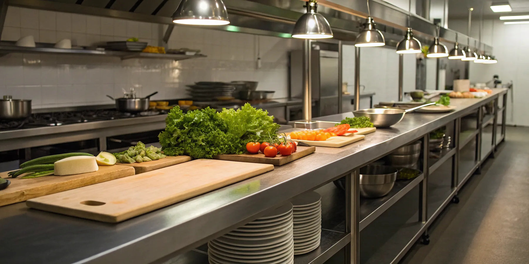 Stainless steel prep table in a commercial kitchen.