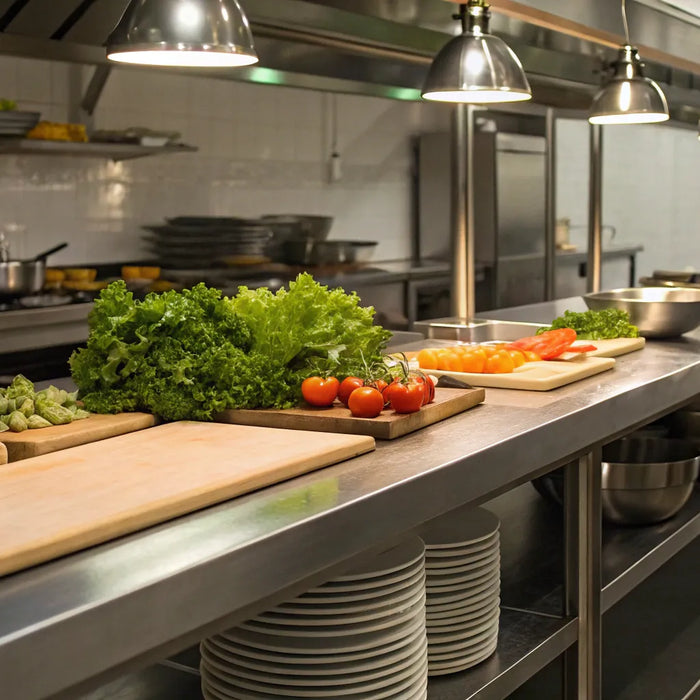 Stainless steel prep table in a commercial kitchen.