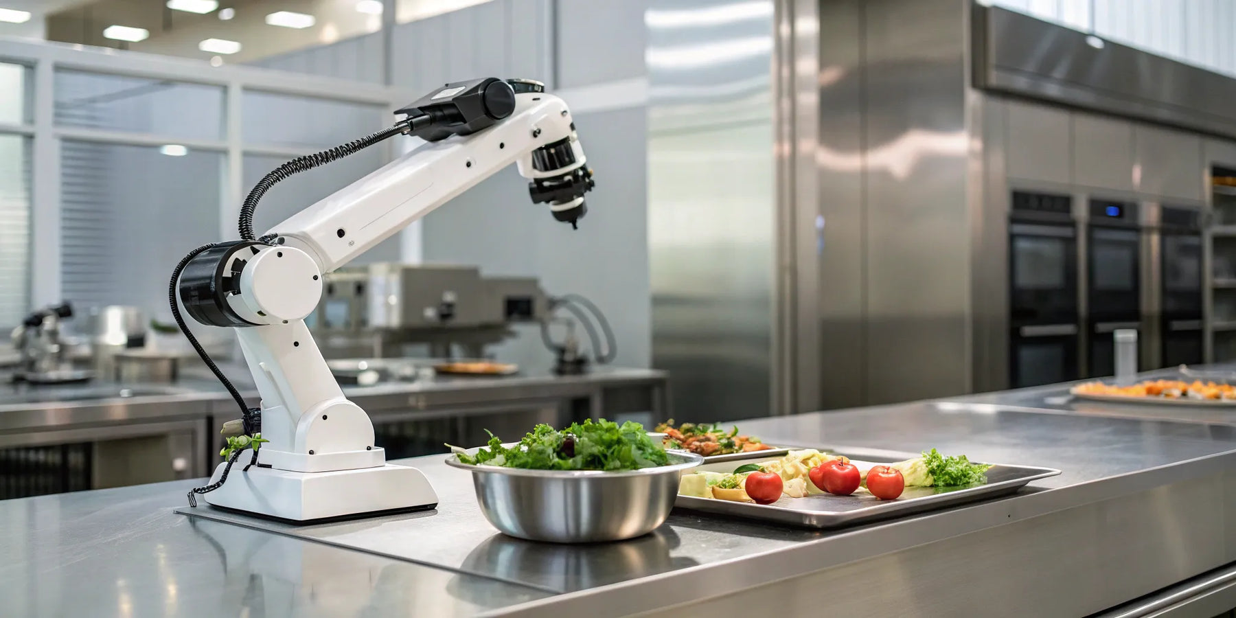 Restaurant kitchen robot arm preparing a salad.
