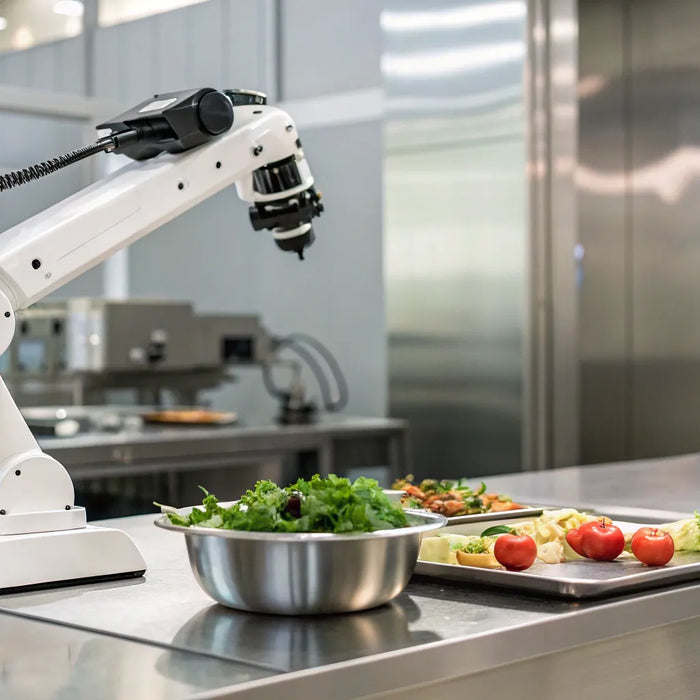 Restaurant kitchen robot arm preparing a salad.